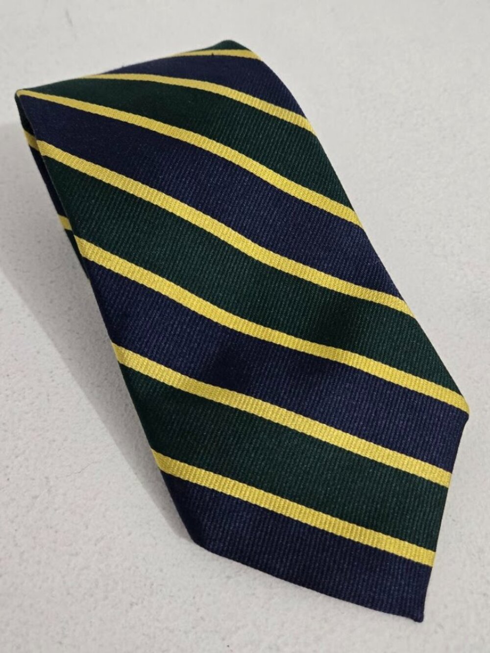 Lands End Mens 100% Silk Green Blue Yellow Striped Necktie Repp Tie 57” Preppy